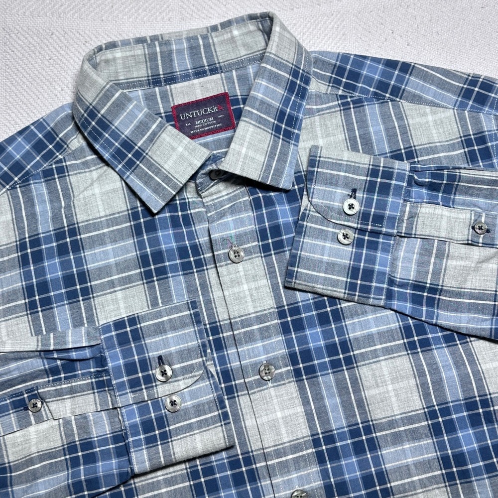 UNTUCKit Nelson Button Up Shirt Mens Medium Plaid Cotton Blue Grey Long Sleeve